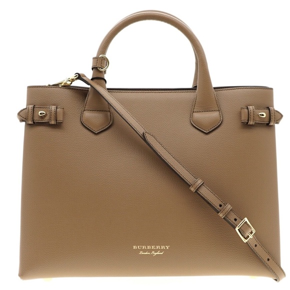 Burberry Banner Medium Tote Shoulder Bag Dark Sand Leather New - Picture 2 of 8
